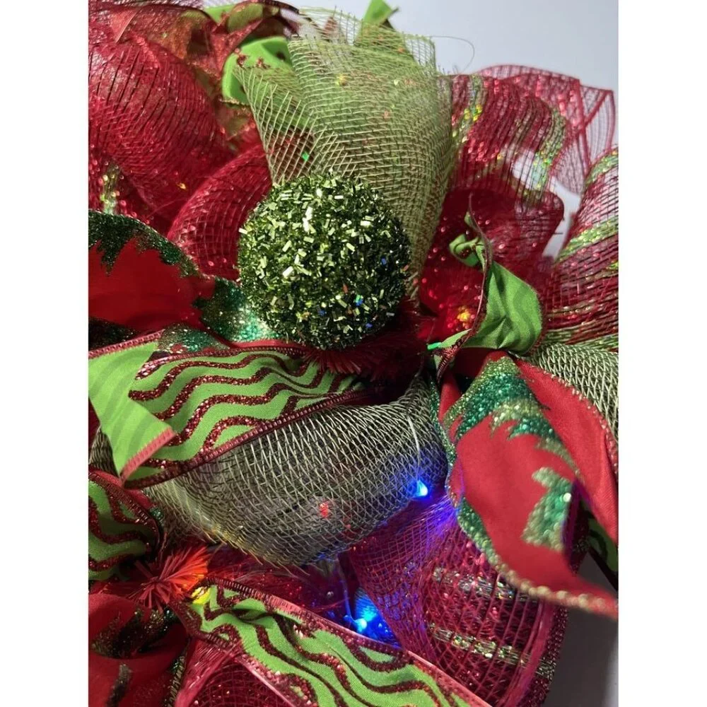 Set of‎ 2 Christmas Deco Mesh Wreaths Red Green Lighted Battery Operated Timer